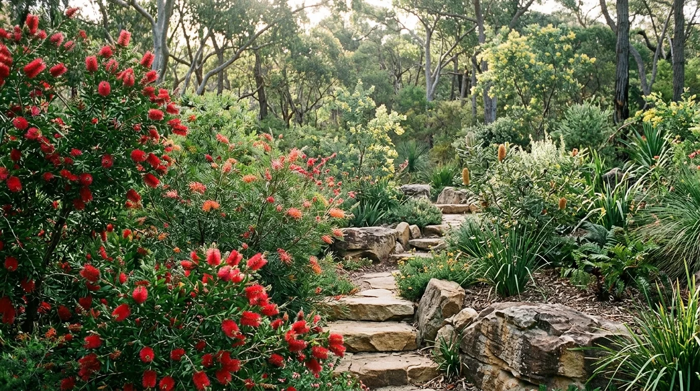 A relaxed Australian family backyard with sunlit planting edges and easy outdoor living charm, no people
