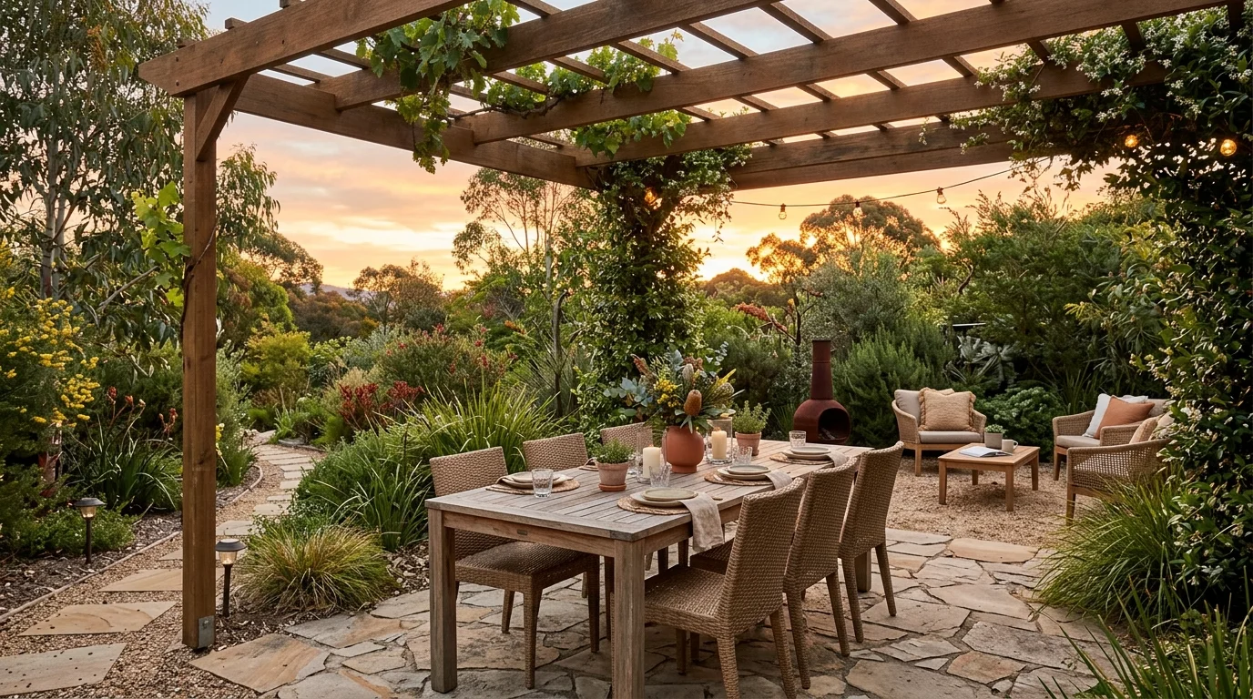 An Australian backyard deck garden with tropical planting and laid-back resort-style outdoor living, no people