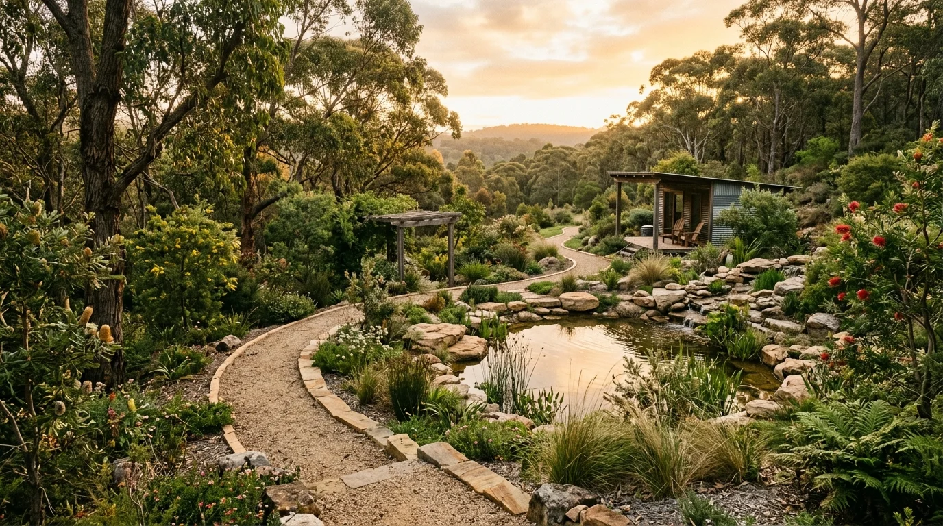 A relaxed Australian backyard with natural stone, layered planting, and easy outdoor living atmosphere, no people