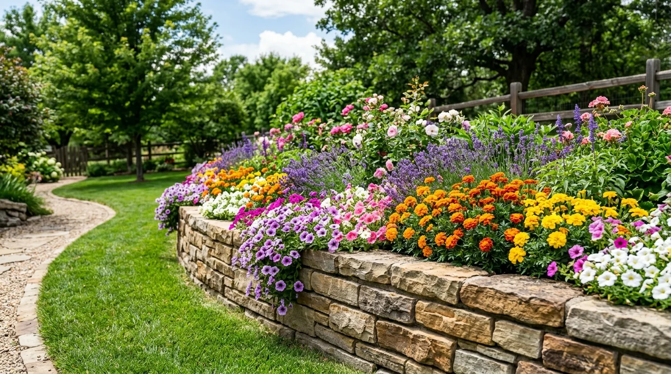 A beautiful backyard flower bed wall made of stone with layered flowers and structured garden design, no people