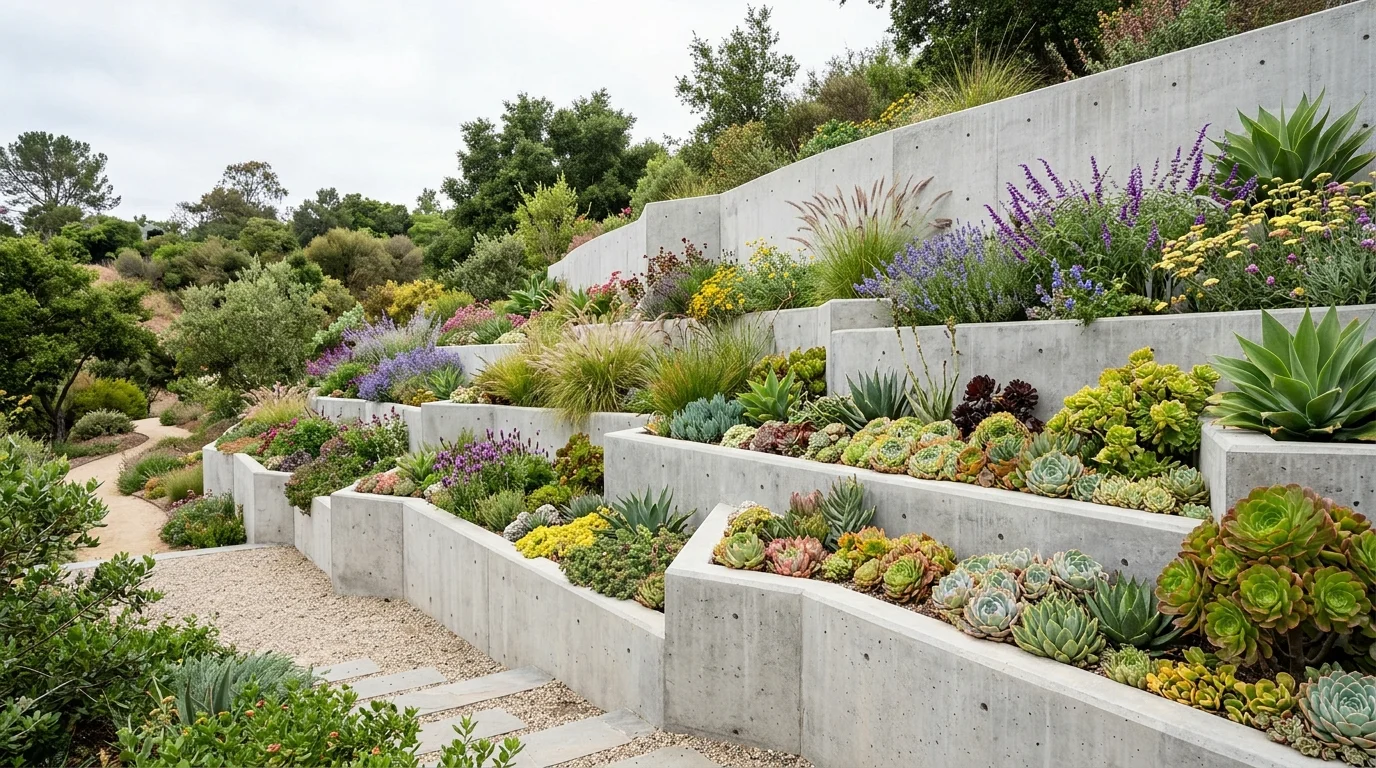 A backyard flower bed wall in brick with vibrant blooms and charming structured garden detail, no people