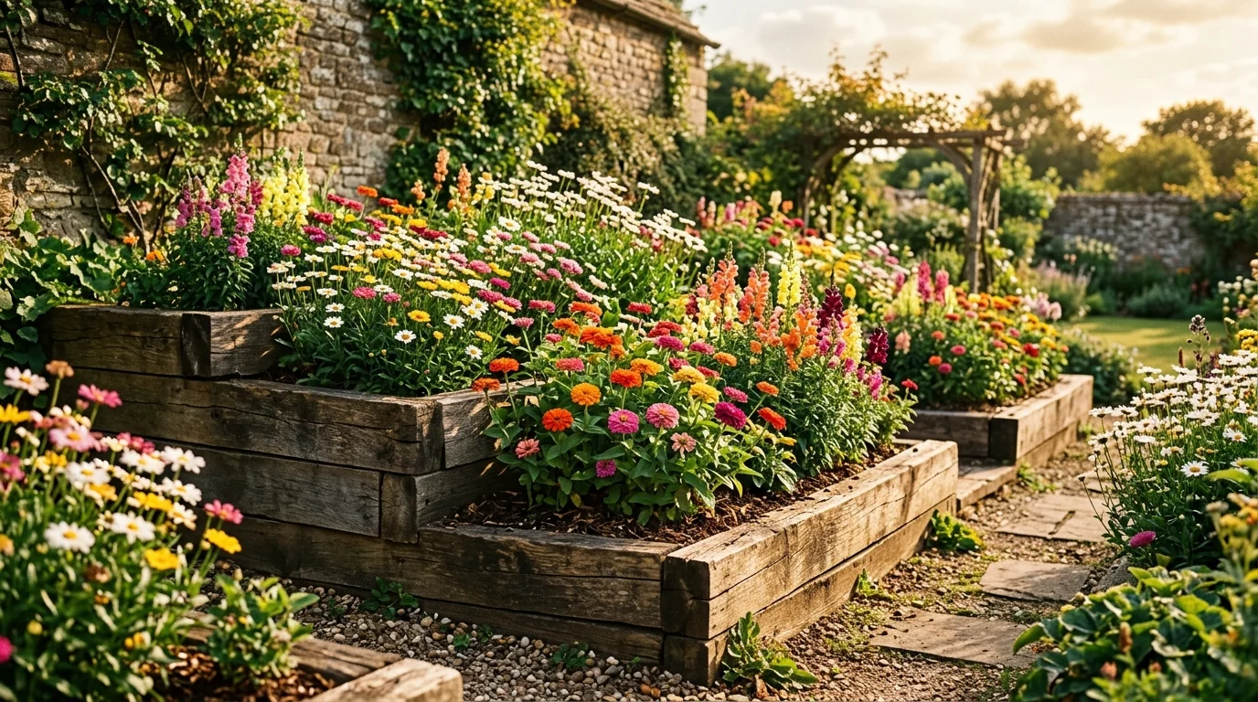 A modern backyard flower bed wall with clean lines, structured planting, and elegant garden design, no people