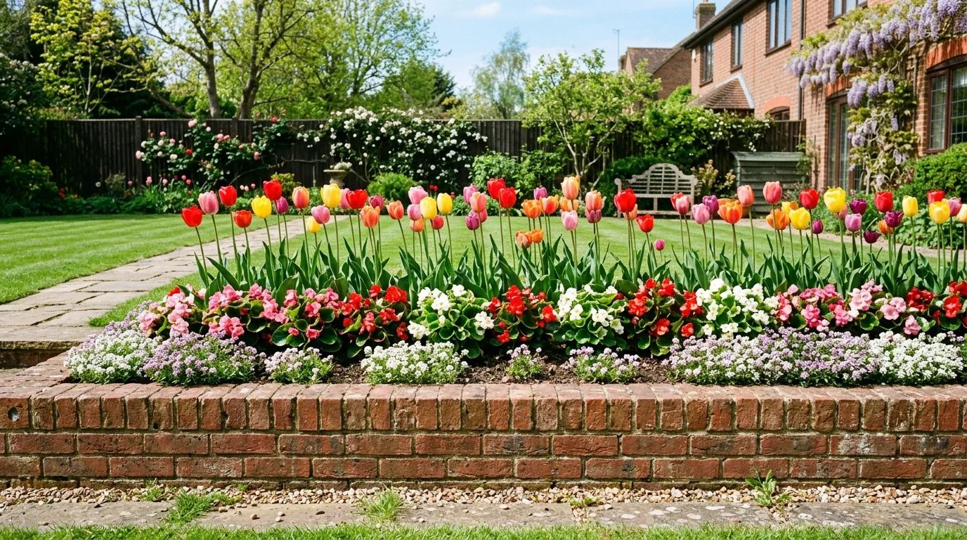 A backyard flower bed wall built from wood sleepers with abundant blooms and structured planting, no people