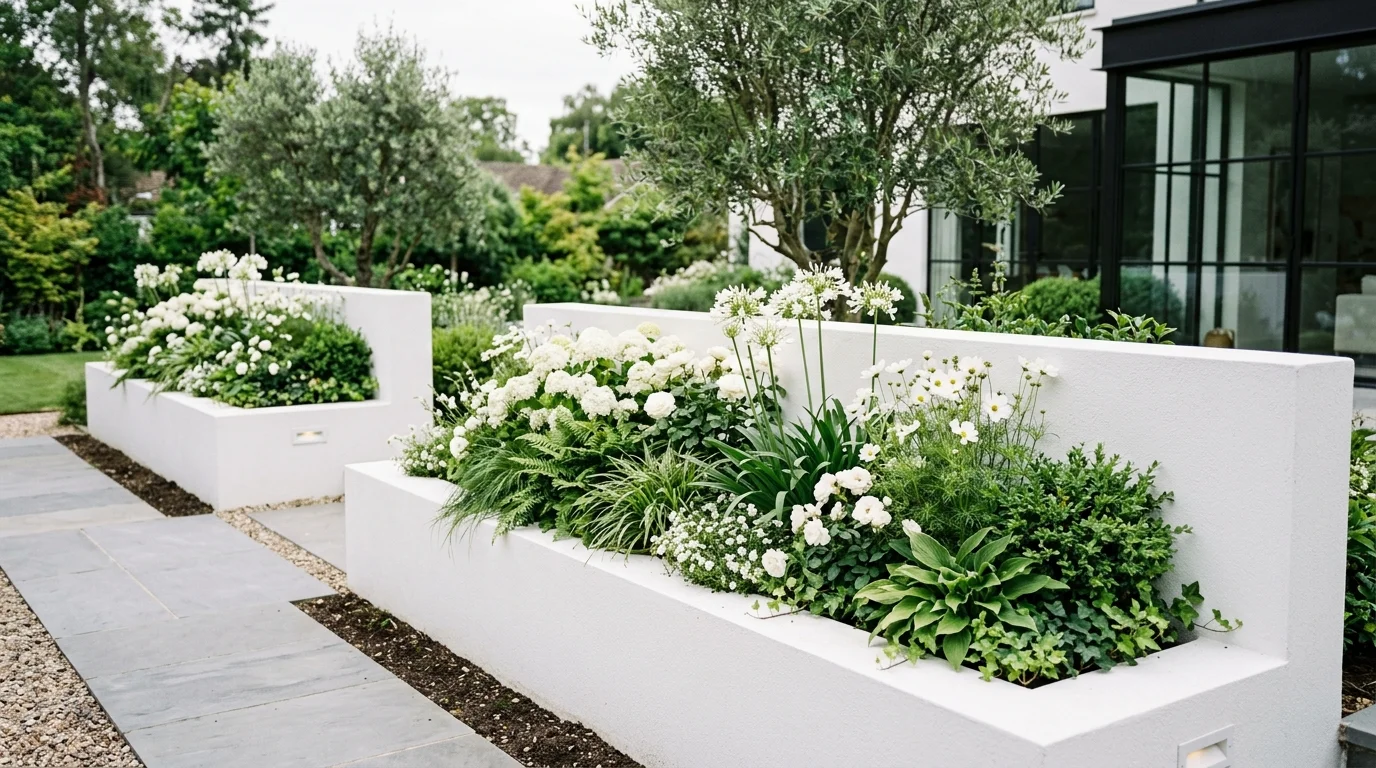 A curved backyard flower bed wall with flowing blooms and graceful structured garden design, no people
