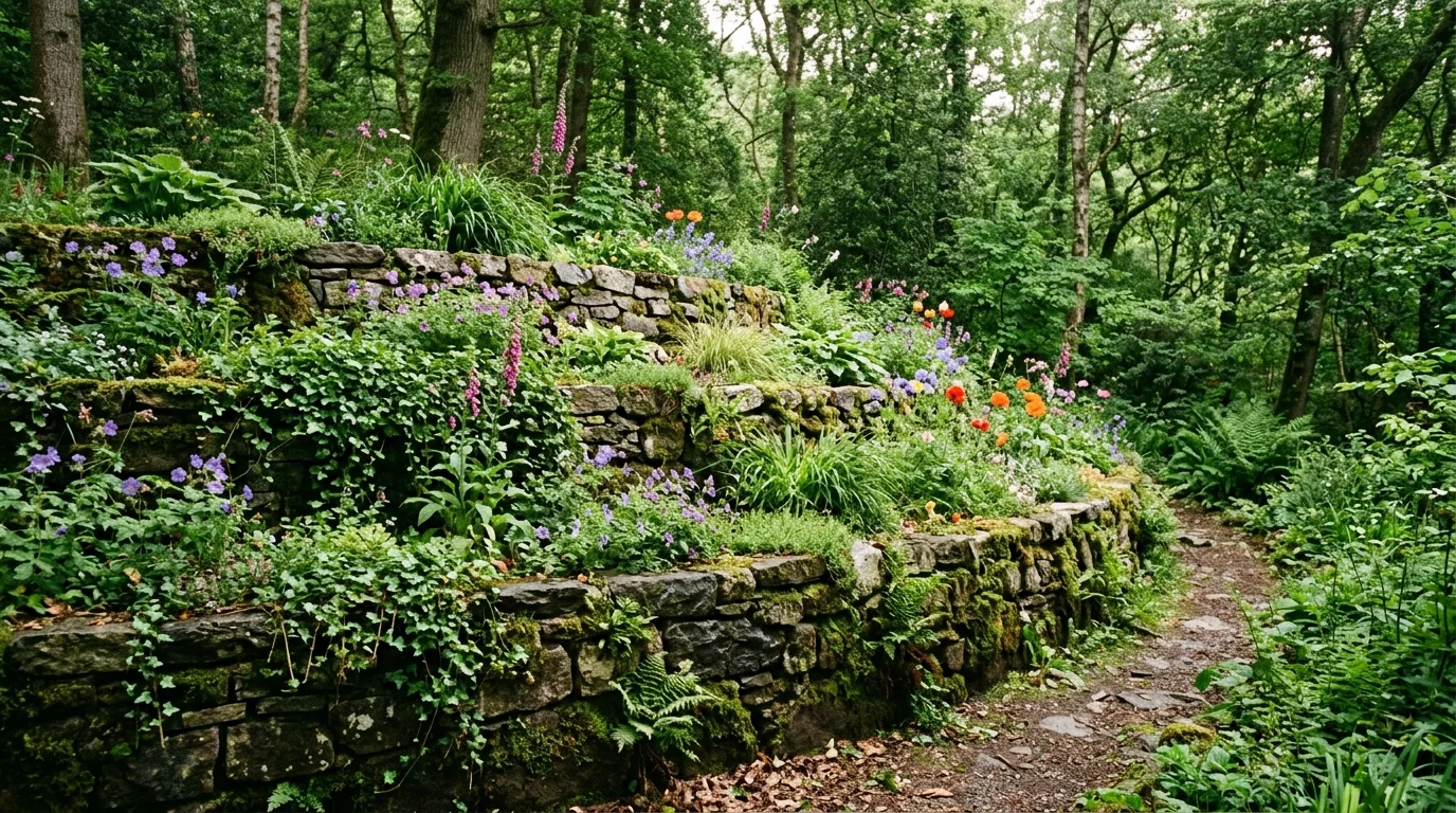 A backyard flower bed wall along a patio with bright seasonal flowers and strong garden structure, no people
