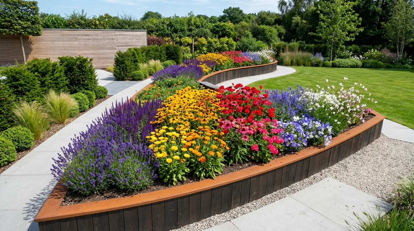 A backyard flower bed wall in gabion style with structured blooms and modern garden texture, no people