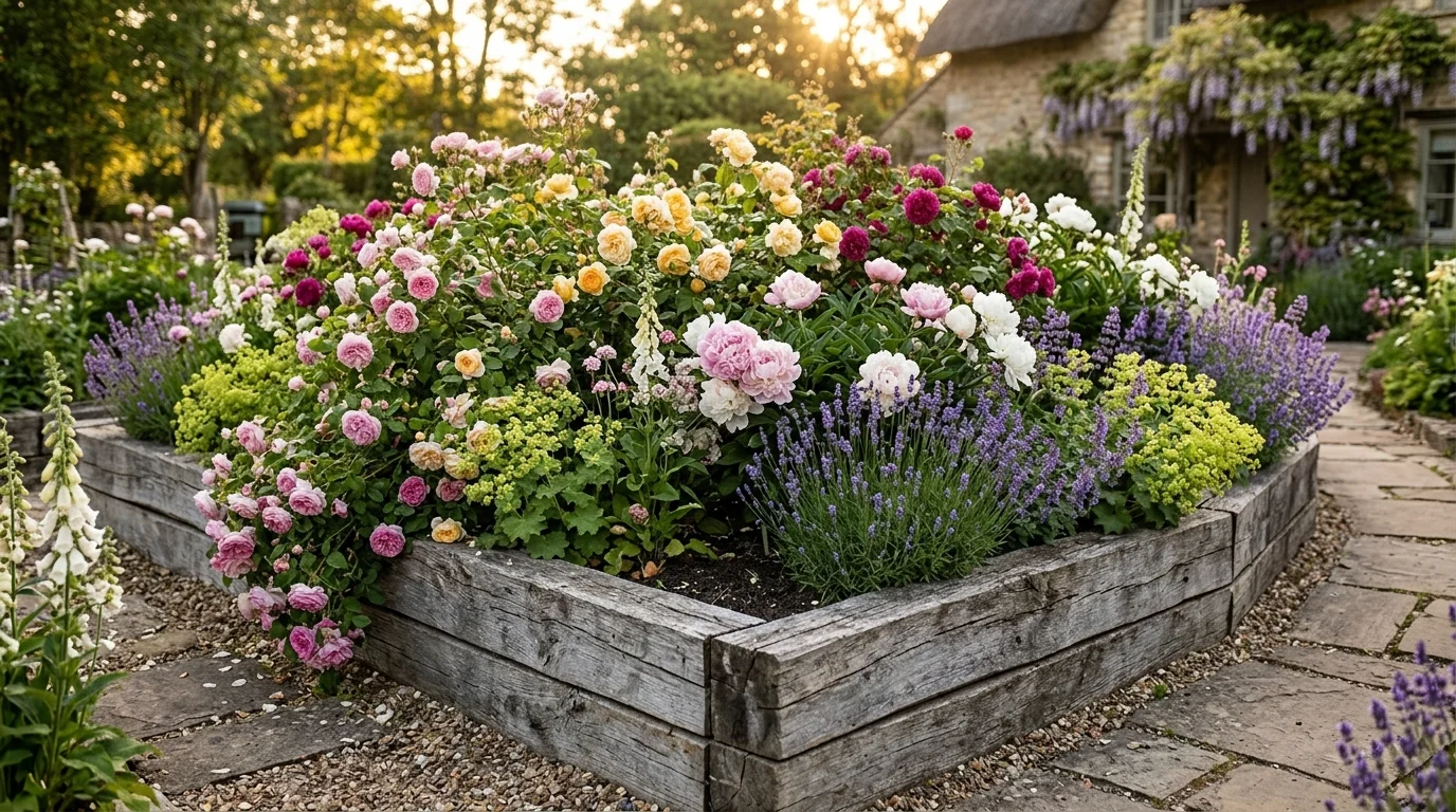 A white backyard flower bed wall with colorful blooms and crisp structured garden styling, no people