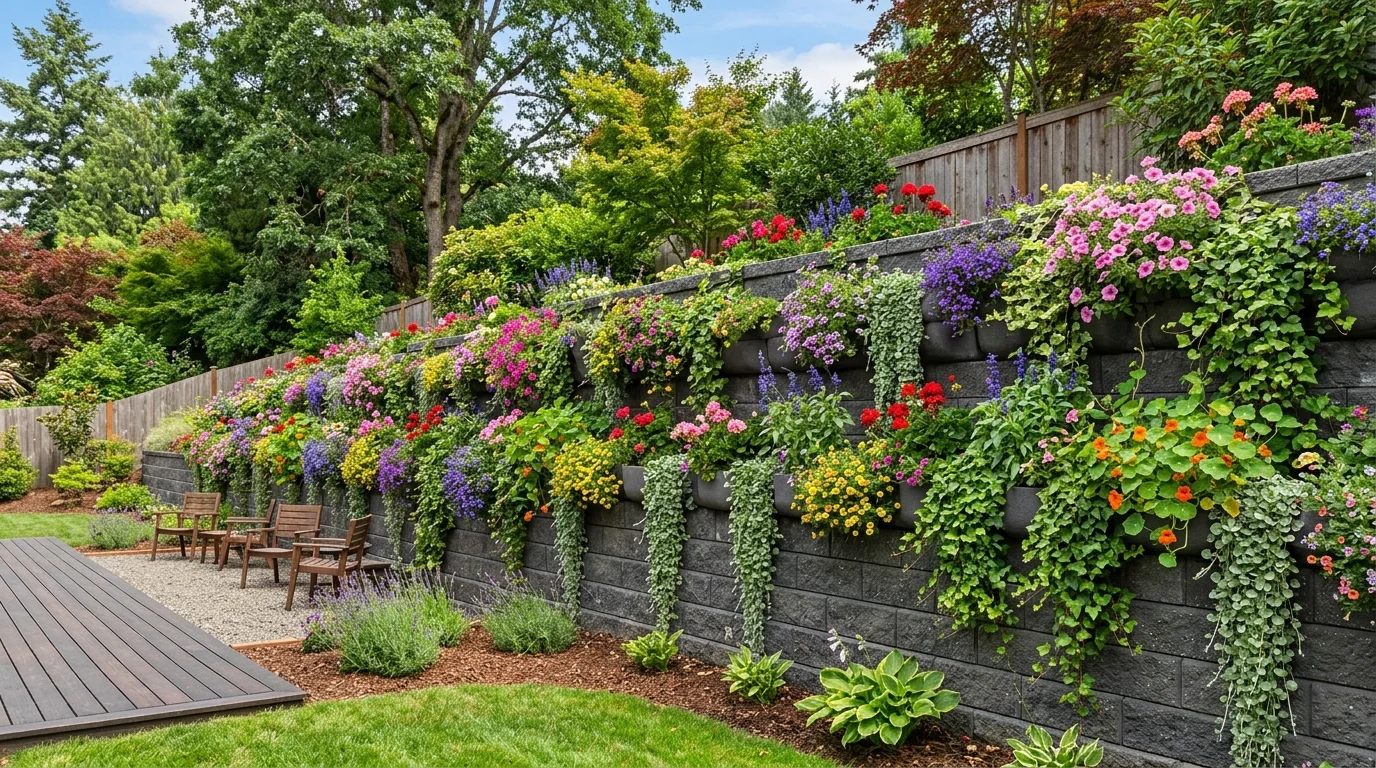 A natural rock flower bed wall in a backyard with layered blooms and organic structured garden charm, no people