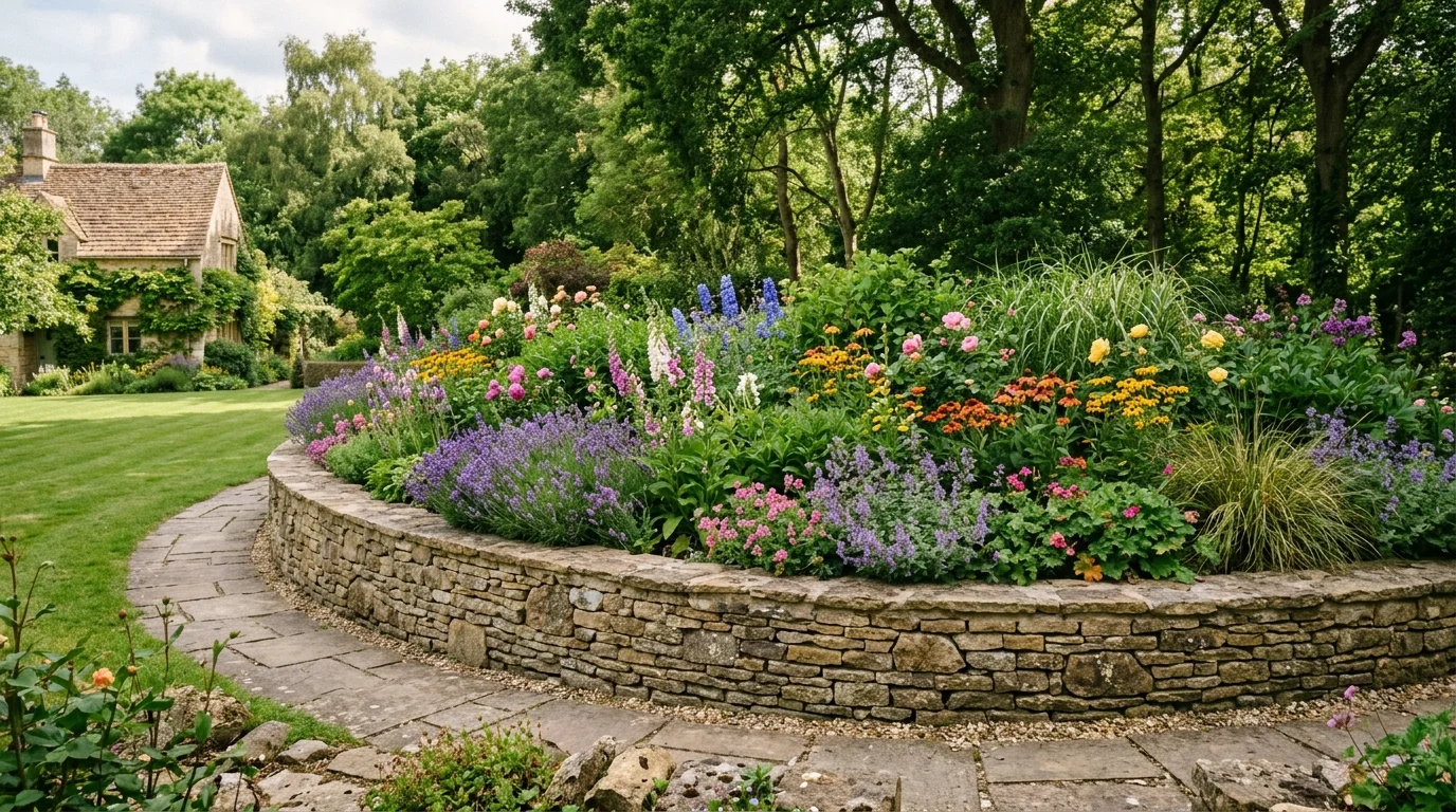 A short backyard flower bed wall with overflowing blooms and soft structured garden beauty, no people