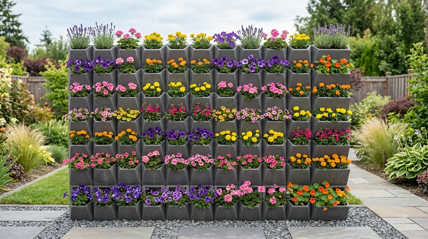 A formal backyard flower bed wall with symmetrical planting and refined structured garden design, no people