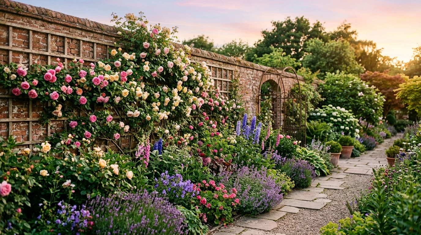 A corner backyard flower bed wall with structured blooms and clever garden design, no people