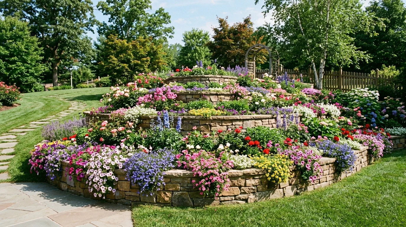 A long backyard flower bed wall with repeating floral layers and strong structured garden appeal, no people