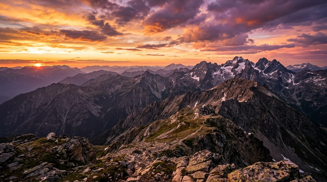A mountain landscape with lodge-style design, alpine planting, and a majestic natural backdrop, no people