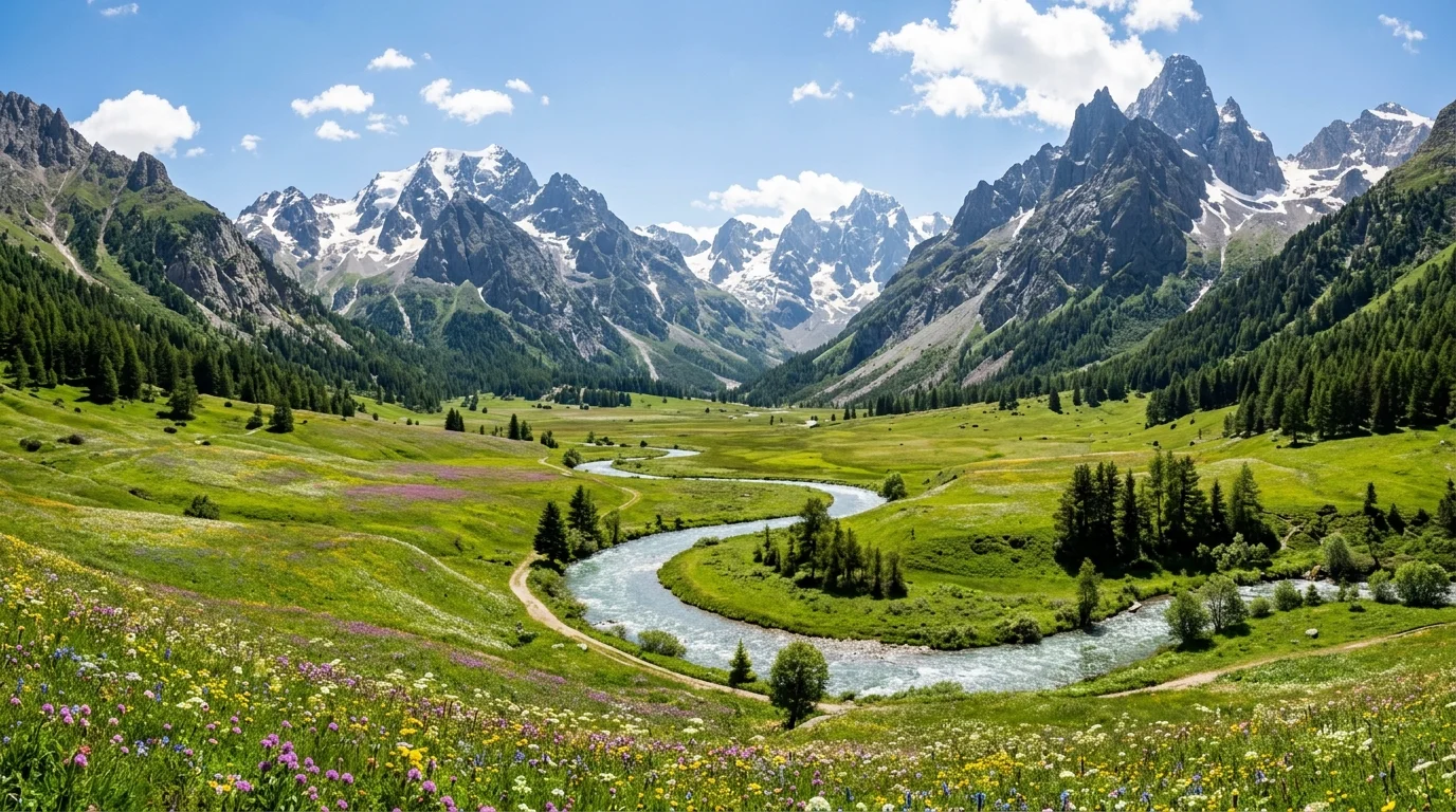 A majestic mountain landscape design with meadow-style planting and a natural scenic backdrop, no people