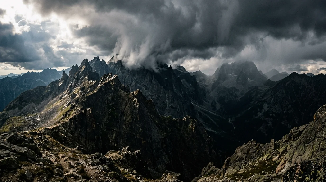 A rugged mountain landscape with pines, boulders, and majestic natural backyard design, no people