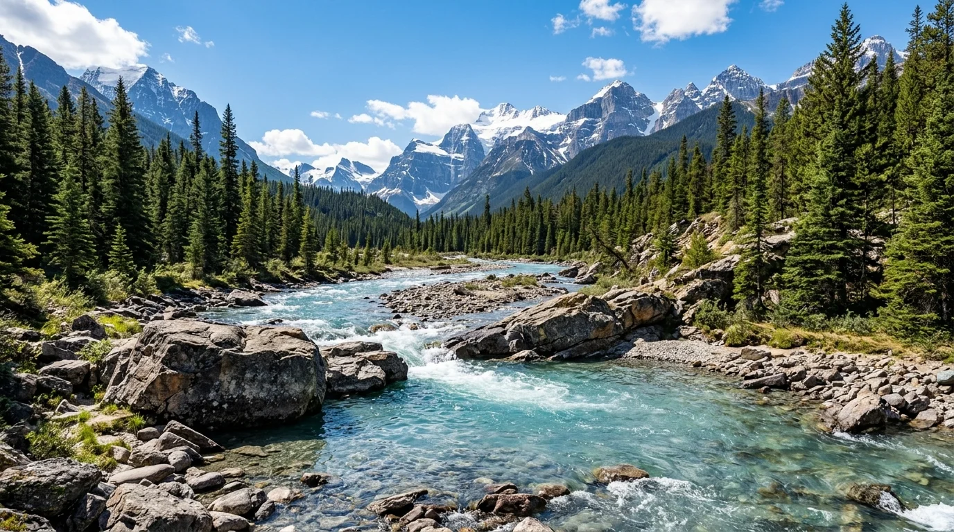 A majestic mountain landscape by a creek with layered planting and scenic natural beauty, no people