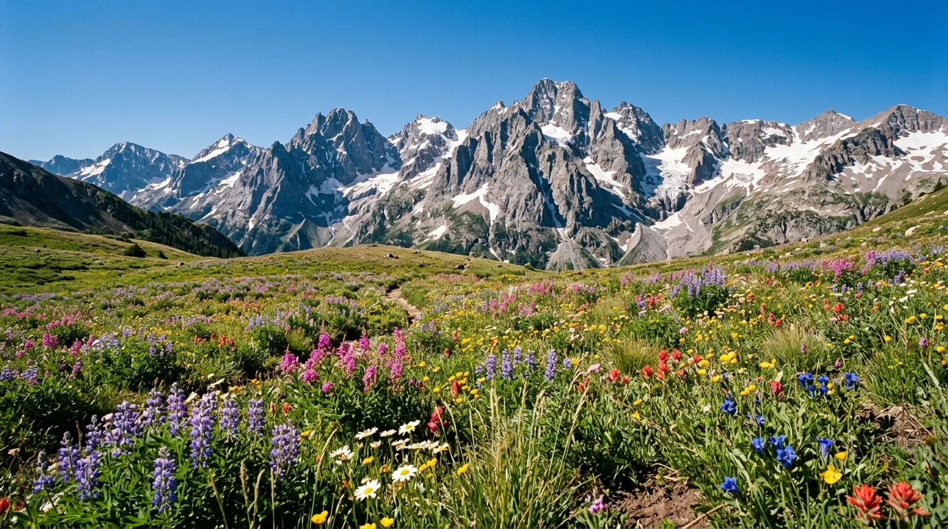 A mountain landscape with wildflower drifts, natural structure, and a majestic scenic backdrop, no people