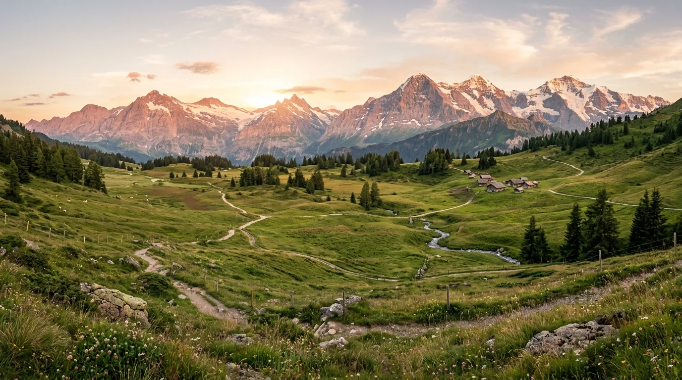 A majestic mountain landscape with a scenic path leading to a framed overlook, no people
