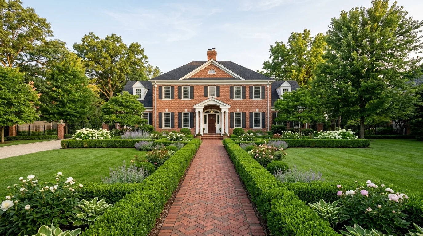 A traditional front yard with a straight brick walkway, clipped boxwood borders, layered foundation shrubs, white porch columns, and balanced seasonal planting in soft daylight, no people