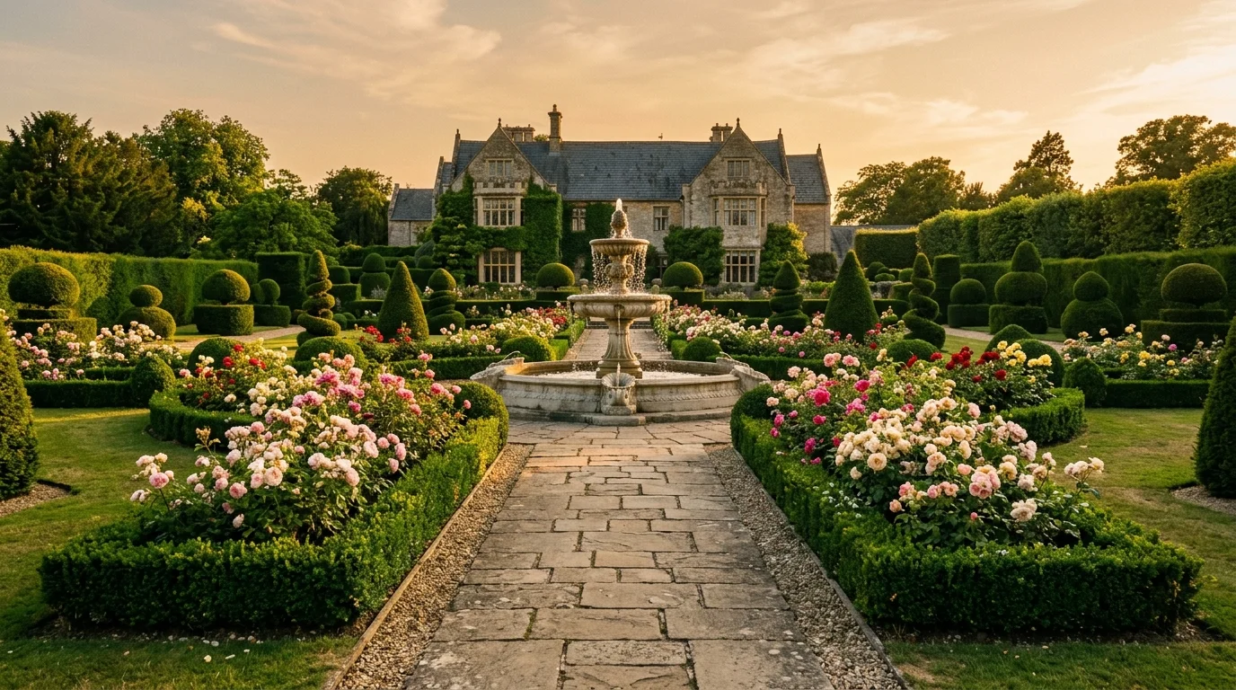 A classic landscape with foundation beds filled with hydrangeas, tidy evergreen shrubs, dark mulch, and a traditional home facade behind them, photographed at eye level, no people