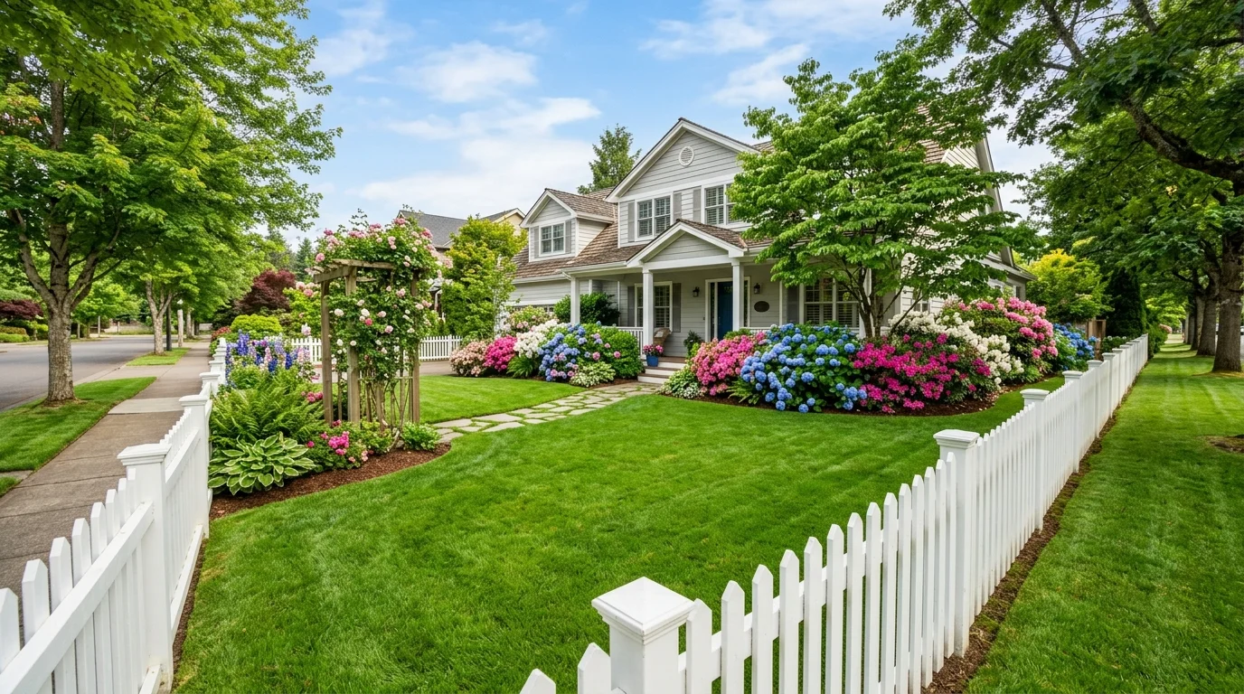 A sweeping driveway bordered by clipped hedges, white flowering perennials, and a broad front lawn leading to a traditional house, bright afternoon light, no people