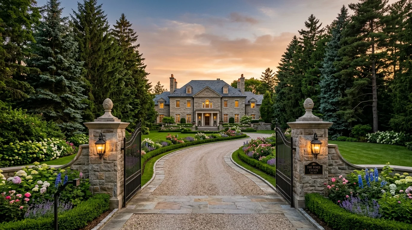 A front garden with rectangular lawn panels, crisp stone edging, mixed shrubs, and seasonal flowers arranged around a traditional home, no people