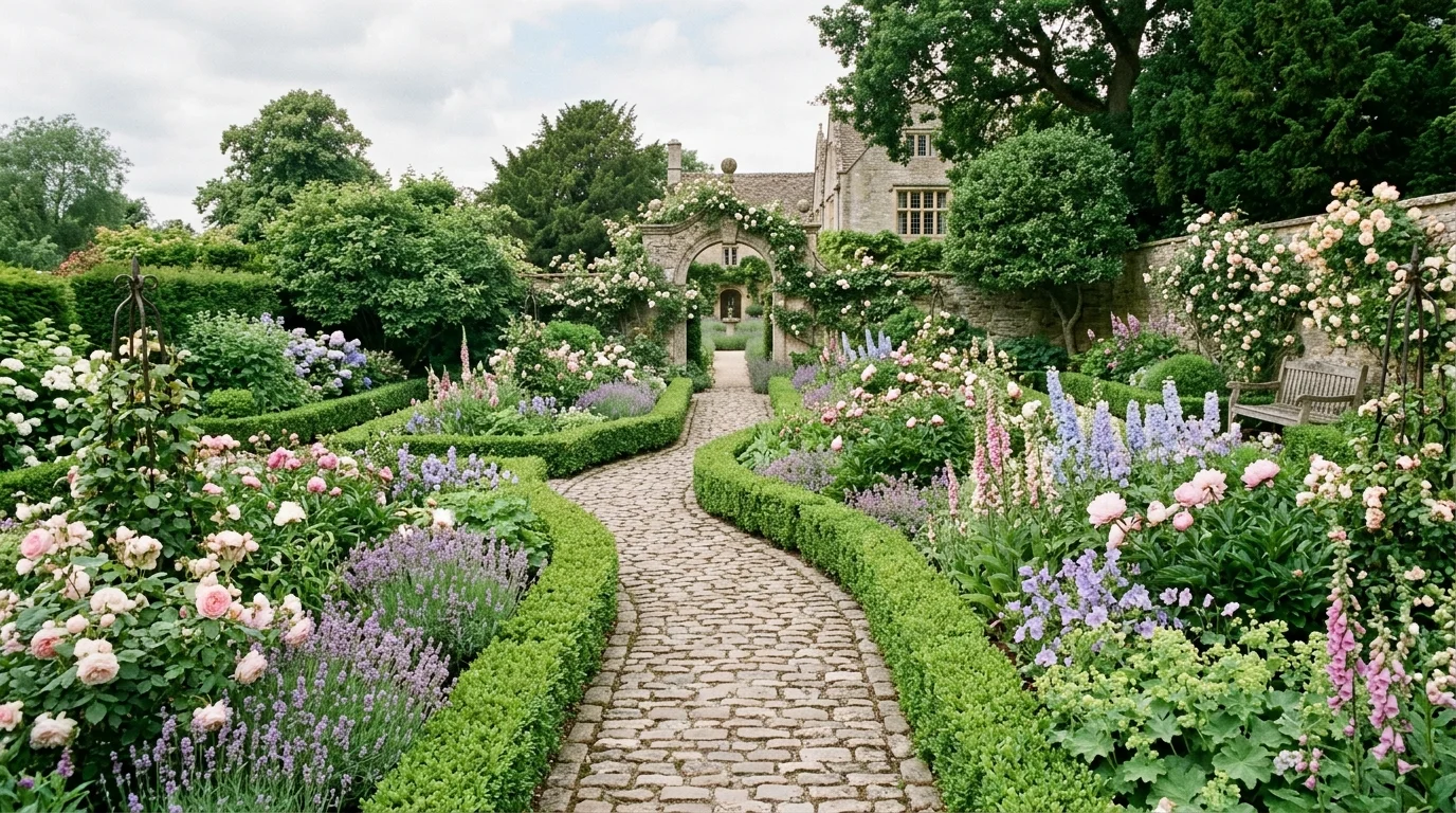A traditional front yard with a white picket fence, blooming roses, clipped shrubs, and a neat green lawn in warm sunlight, no people