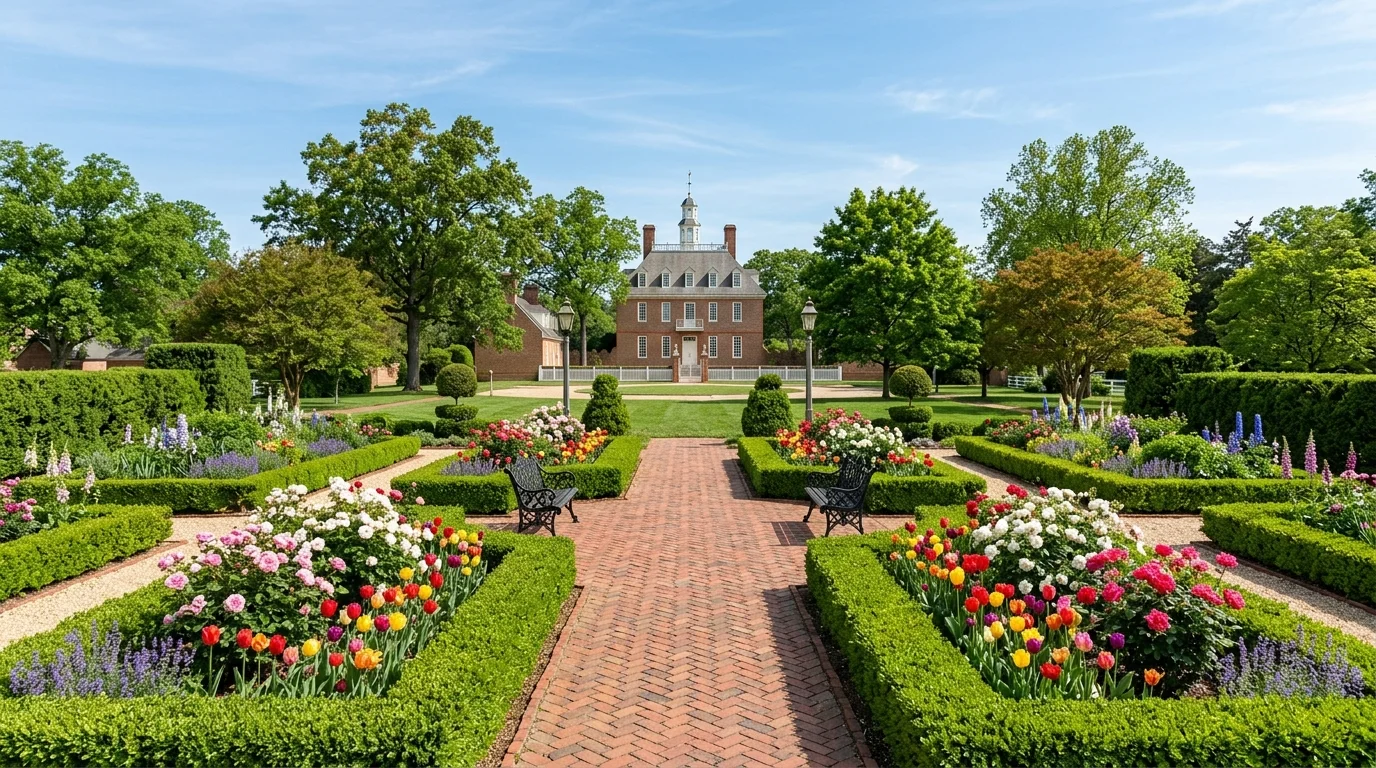 A formal traditional entry court with paired urn planters, evergreen anchors, trimmed hedges, and a centered front door, no people