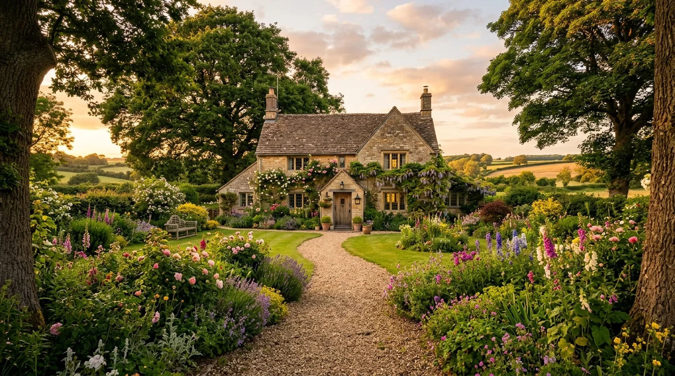 A flagstone path crossing a green front lawn with restrained cottage planting, shrubs, and a traditional house beyond, no people