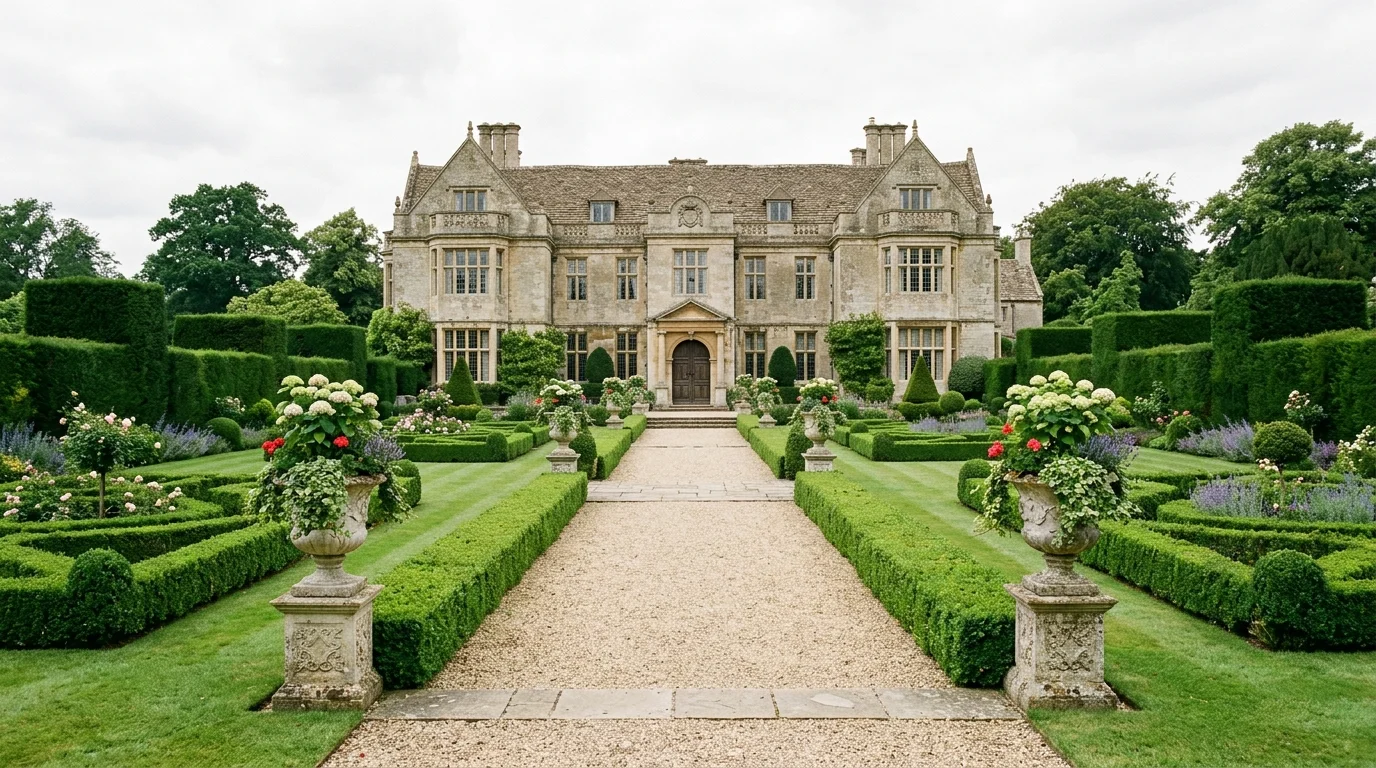 A traditional home with columnar trees framing the facade, balanced shrubs below, and a straight front walk, overcast light, no people