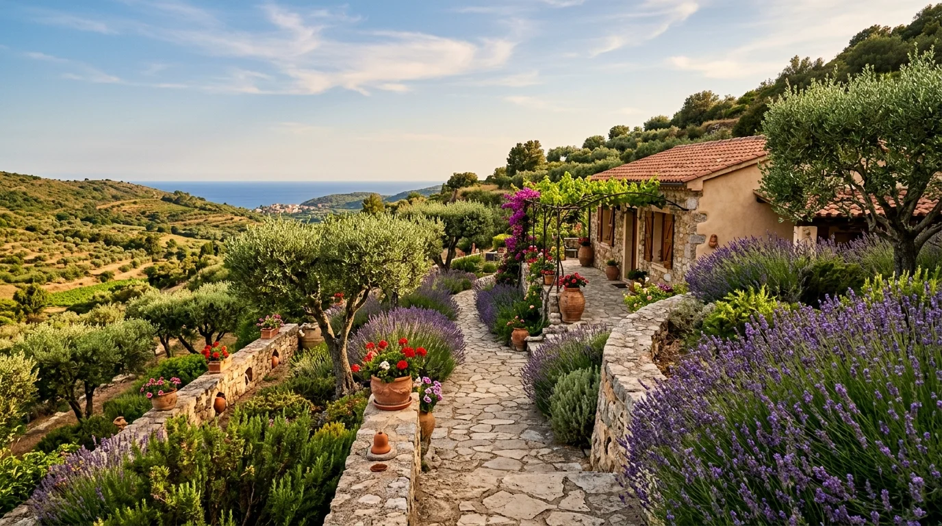 A front slope supported by a low stone retaining wall with layered flowers, shrubs, and a traditional house above, no people