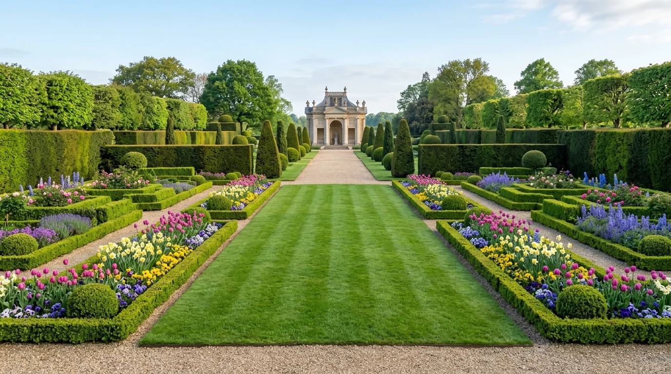 A porch garden with crisp bed edging, seasonal blooms, shrubs, and steps leading to a traditional front entry, no people