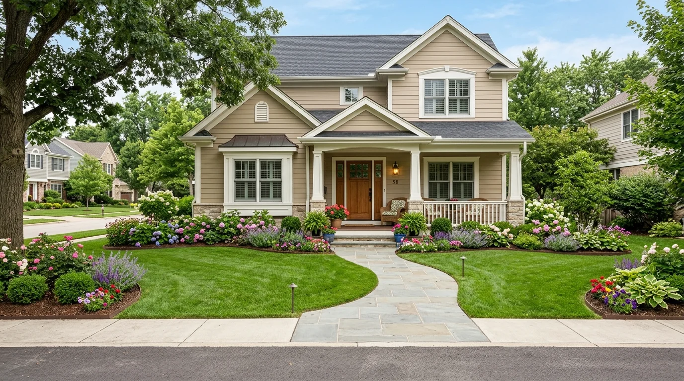 A side garden path of pale gravel bordered by clipped hedges and traditional flowering plants beside a classic home, no people