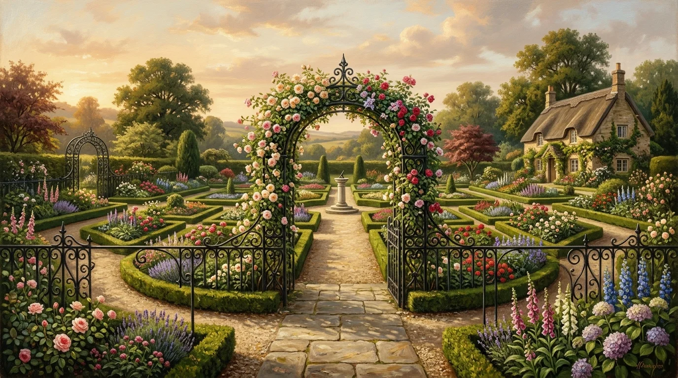 A broad front lawn with symmetrical island beds, shrubs, flowers, and a traditional home centered in the background, no people