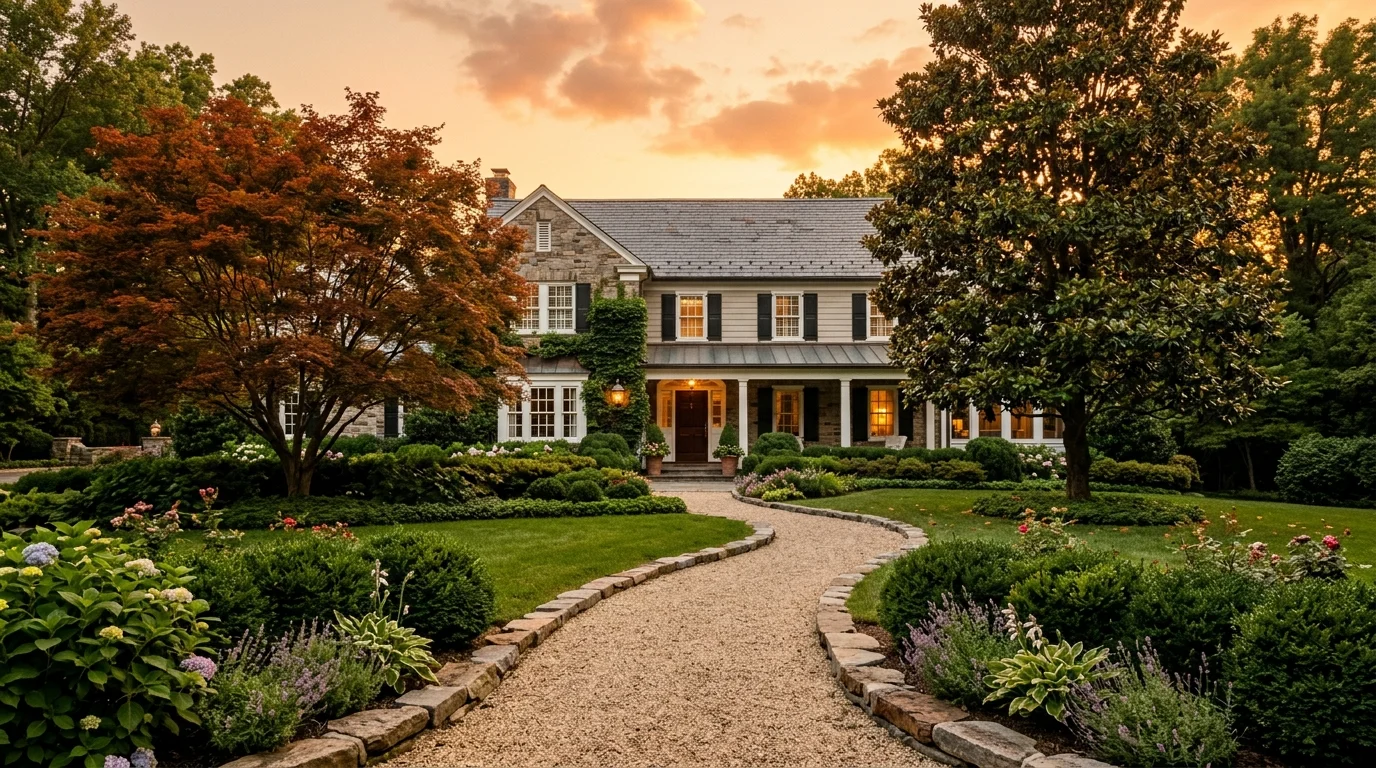 A gated traditional landscape entry with brick piers, layered shrubs, lawn, and a glimpse of a classic home beyond, no people