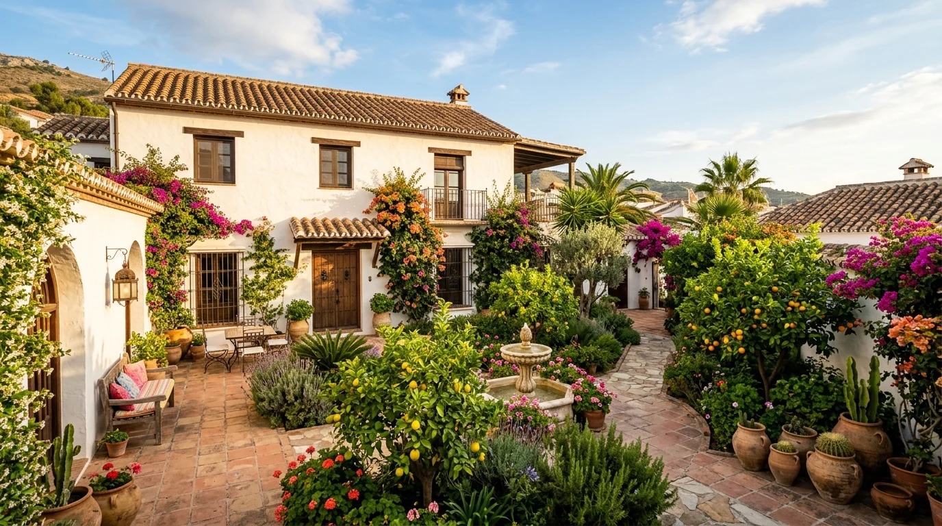 A Spanish-style courtyard with terracotta pots, olive-toned foliage, gravel paving, and a stucco house exterior in warm afternoon light, no people
