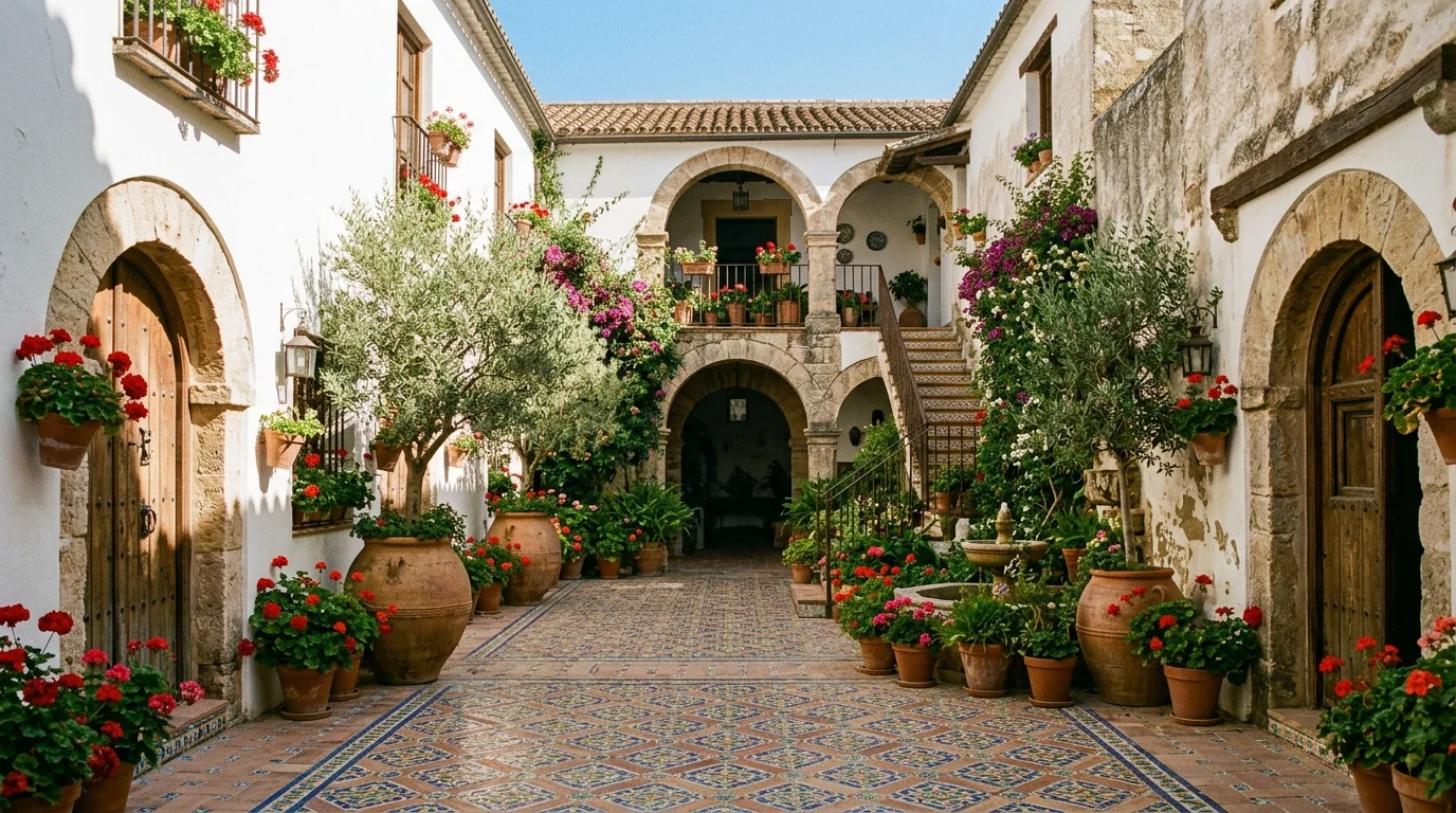A warm Spanish house entry with tiled steps, potted citrus, palms, and textured stucco walls, no people