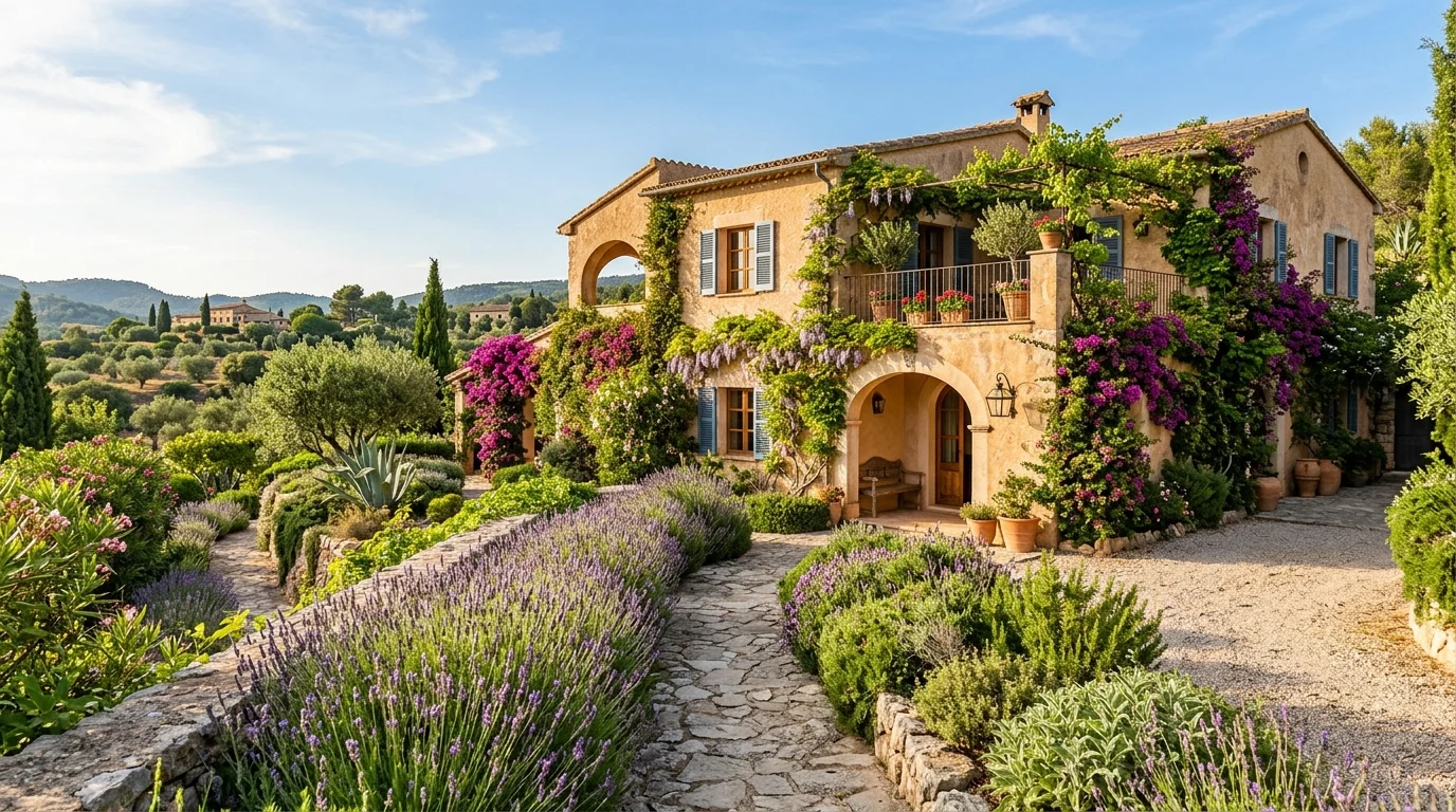 A Spanish-inspired front garden with pale gravel, agave, lavender, low stone edging, and a warm stucco facade, no people