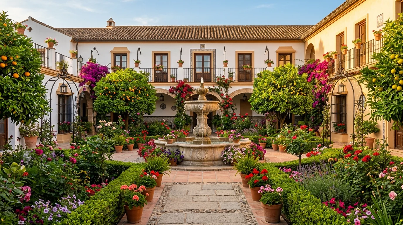 An arched garden walkway with climbing vines, grouped clay pots, and warm Mediterranean-style planting beside a Spanish house, no people