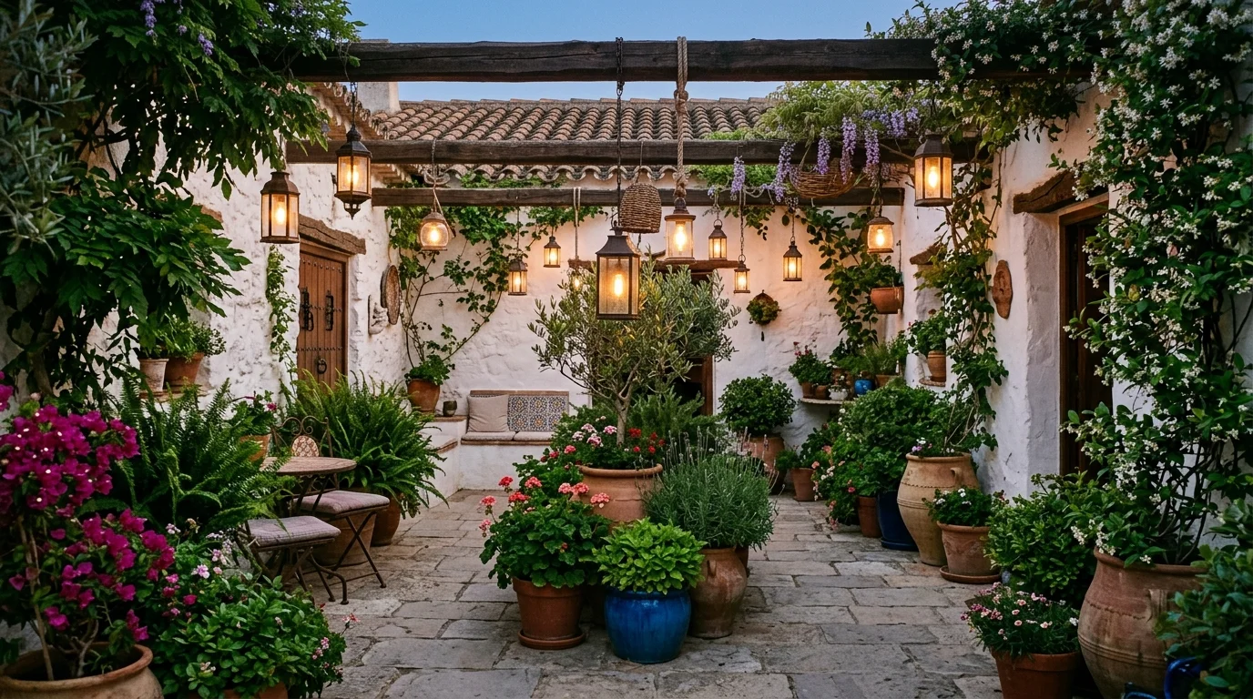 A Spanish house front court with a central fountain, symmetrical planting, stucco walls, and warm stone paving, no people