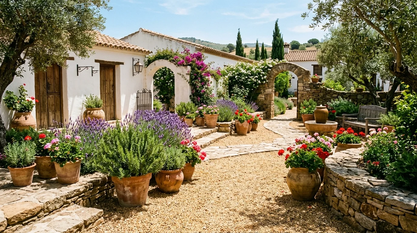 A stucco wall covered in bougainvillea with terracotta pots and warm-toned paving at a Spanish-style home, no people