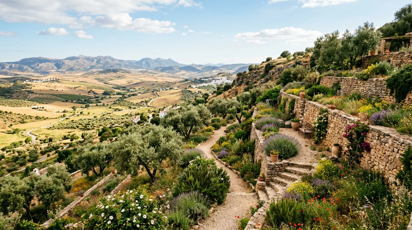 A Spanish terrace garden with cacti, succulents, terracotta pots, and warm stucco walls in bright daylight, no people