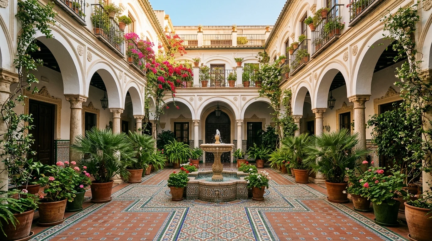 An outdoor dining patio beside a Spanish house with layered herb borders, gravel ground, and terracotta accents, no people