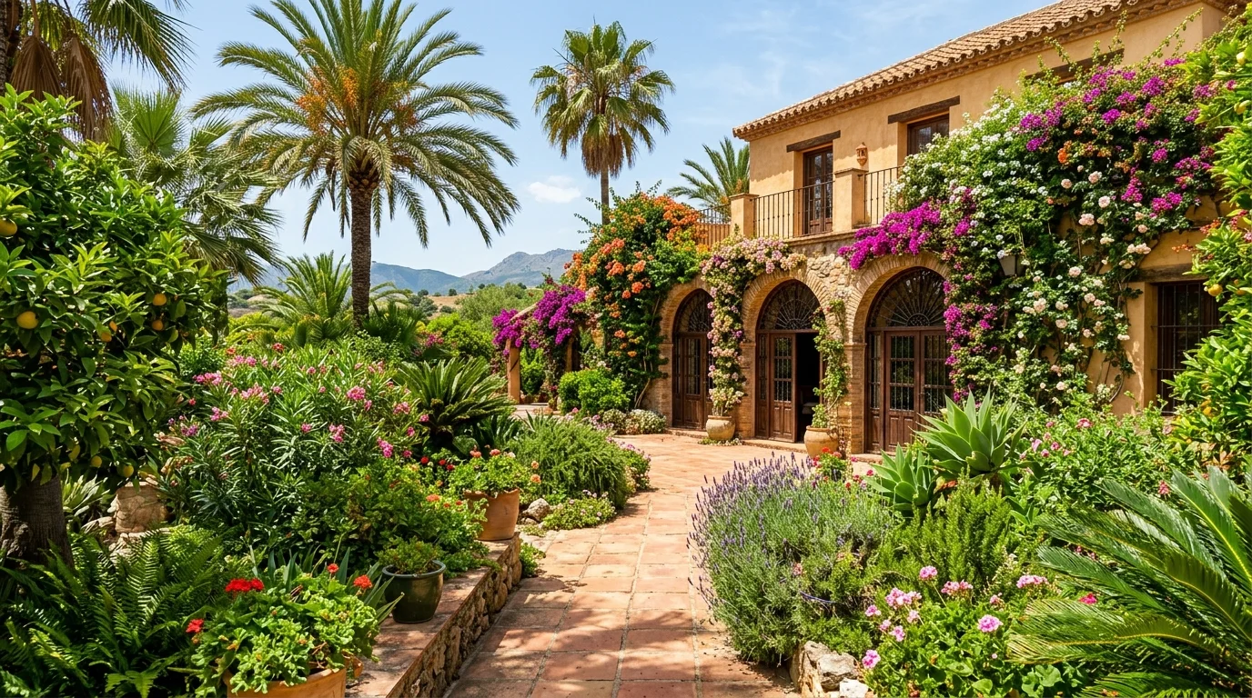 A white stucco Spanish-style home framed by deep green hedges, large urns, and warm entry paving, no people