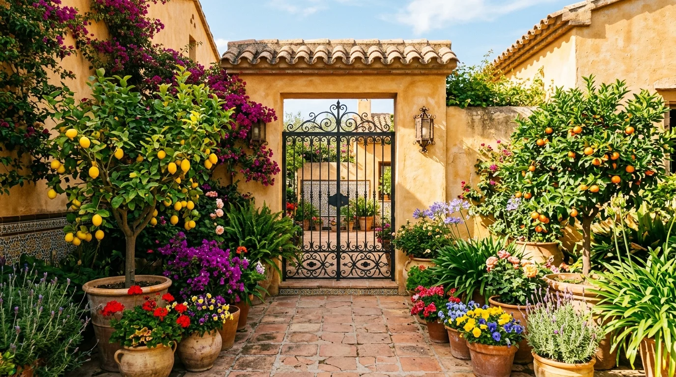 A shaded Spanish side courtyard with gravel, citrus trees, jasmine, and warm stucco walls, no people
