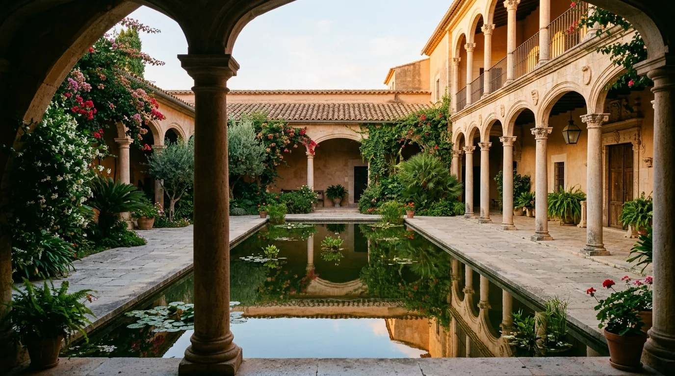 A pergola-covered stone path with climbing vines and drought-tolerant planting at a Spanish-style home, no people