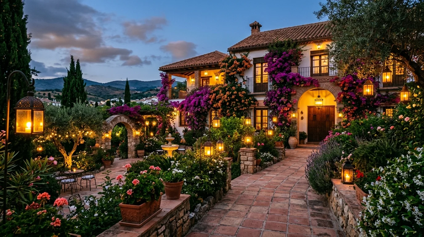 A Spanish courtyard with a fire feature, low seating walls, agave planting, and warm stucco architecture, no people