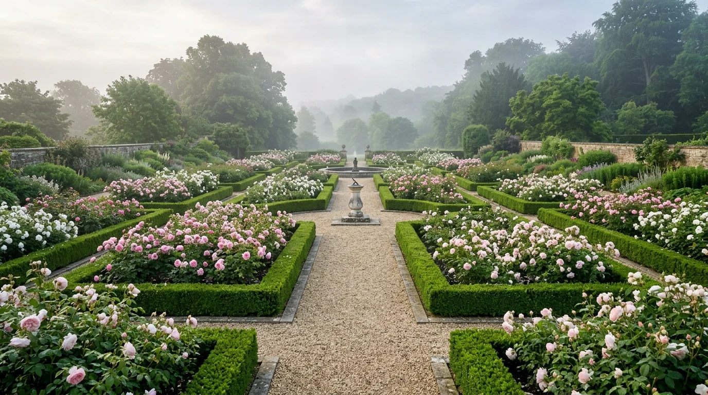 An English-style garden path of old brick framed by roses and lush border planting leading to a charming front door, no people