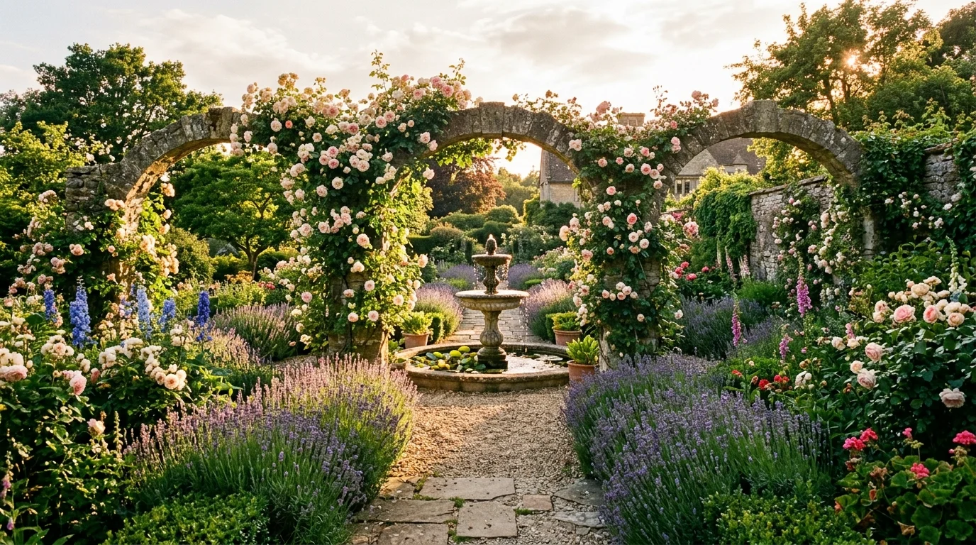 A mixed English border with foxgloves, delphiniums, clipped yew, and layered flowers in soft daylight, no people