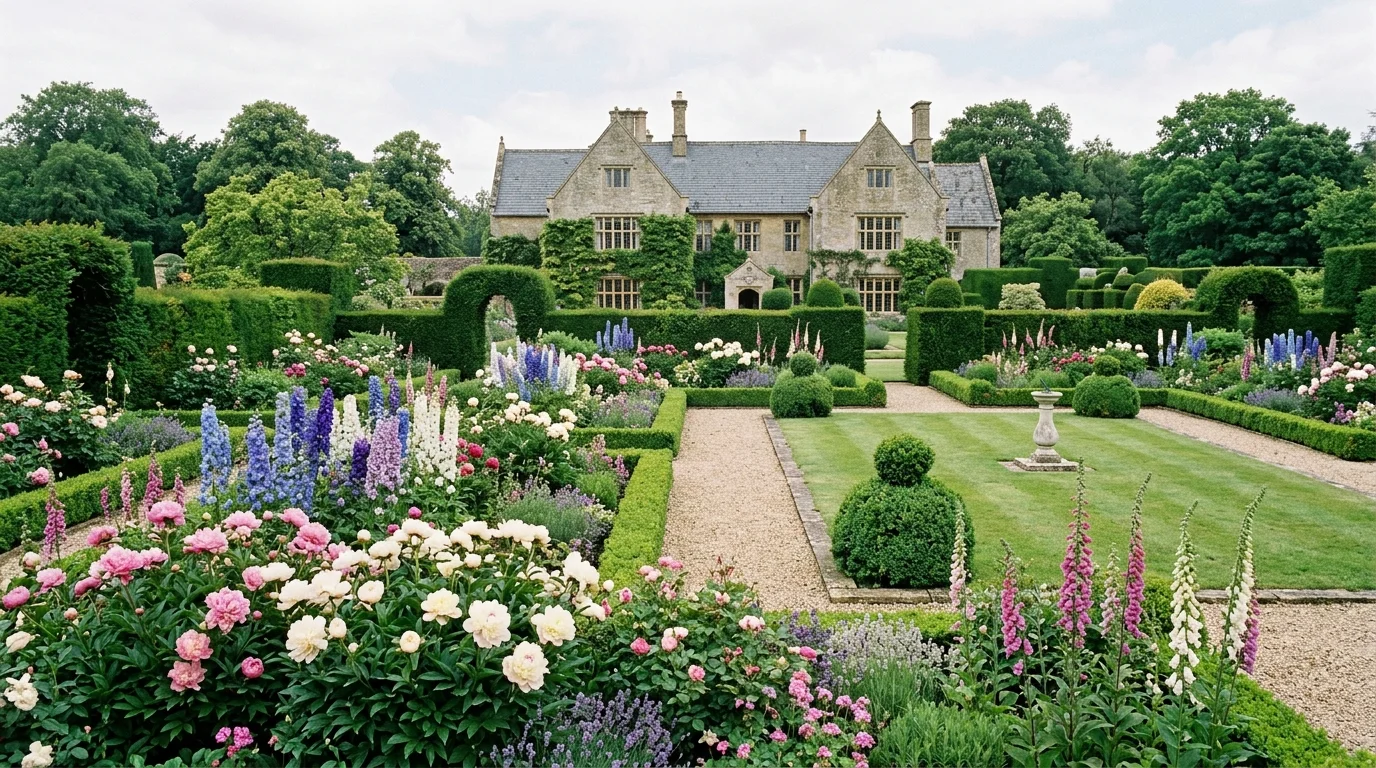 An English gravel court with lavender, stone urns, and romantic planting around a traditional home, no people